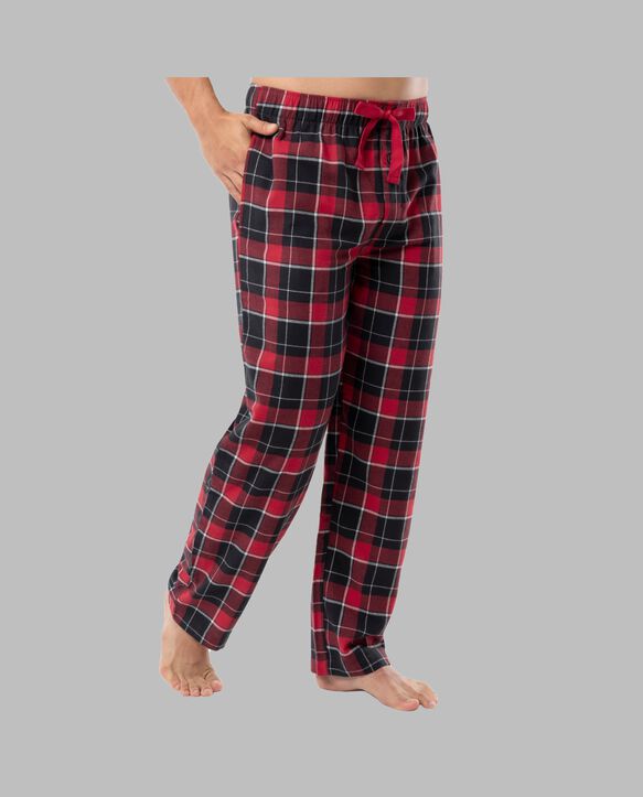 Fruit of the Loom Men's Long Sleeve Fleece Crew and Flannel Sleep Pant, 2 Piece Set RED