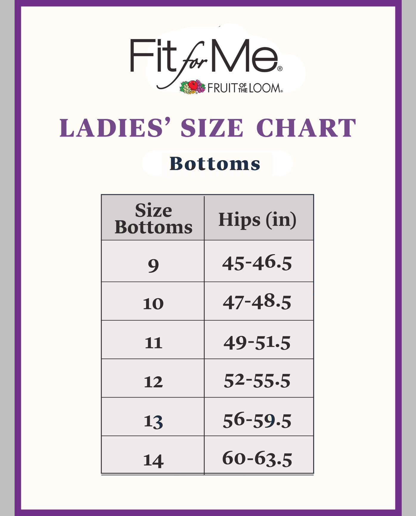 Fruit of the loom ladies underwear size chart