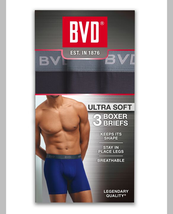 BVD® Men's Ultra Soft Boxer Briefs, Black 3 Pack Black