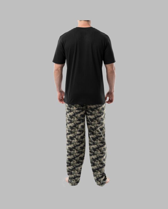 Fruit Of The Loom Men's Short Sleeve Jersey Knit Top and Fleece Sleep Pant, 2 Piece Set BLACK CAMO SET