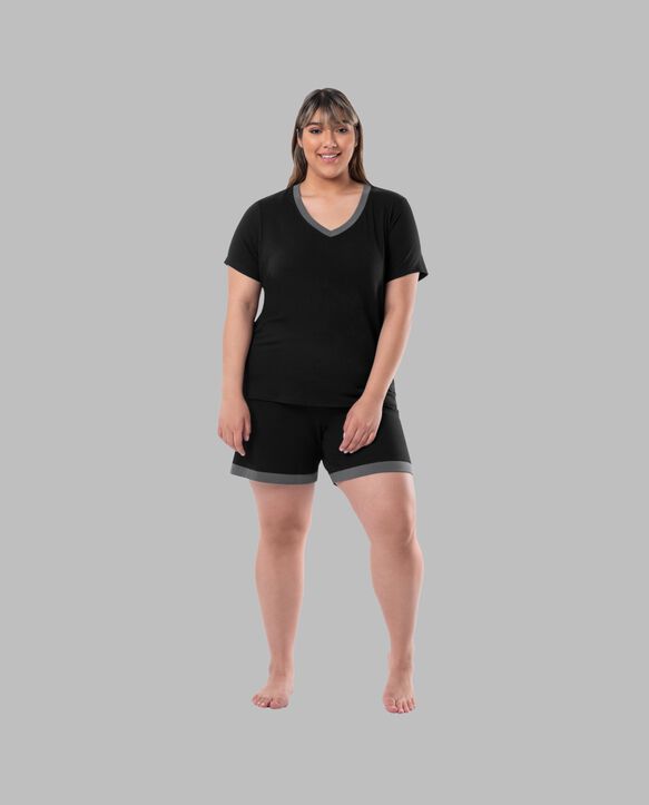 Women's Plus Sized Soft & Breathable V-Neck T-shirt and Shorts, 2-Piece Pajama Set BLACK SOOT