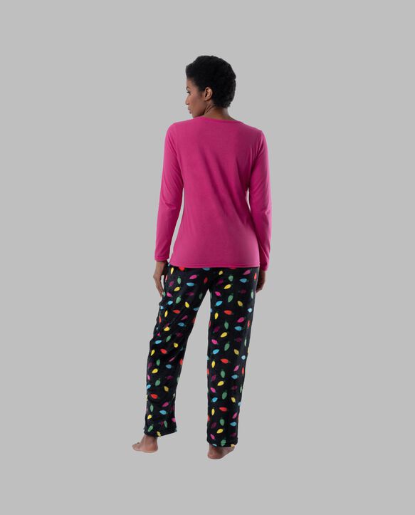 Women's Fleece  Top and Bottom,  2 Piece Pajama Set HOT PINK/CHRIMAS LIGHTS