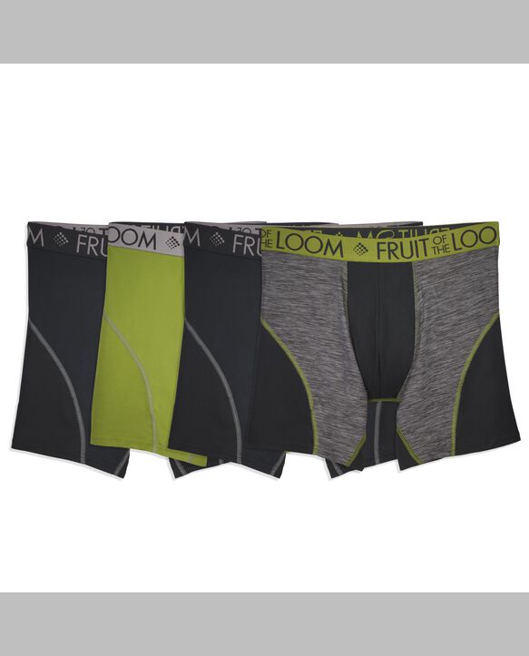 Fruit of the Loom Premium Breathable Performance Men's Boxer Briefs, 3+1 Bonus Pack - Black/Green ASST