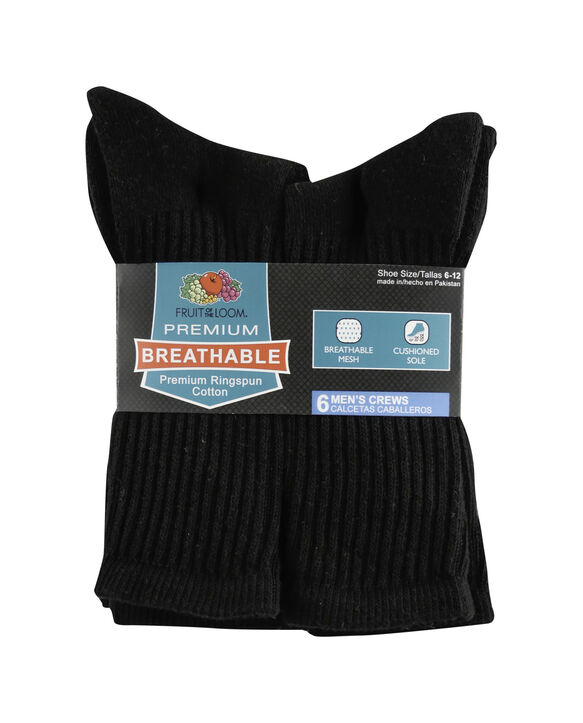Men's Breathable Cotton Crew Socks, 6 Pack, Size 6-12 BLACK