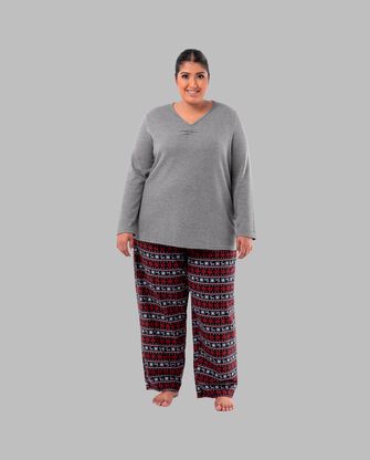 Women's Plus Gray Heather Top and Flannel Bottom Set 
