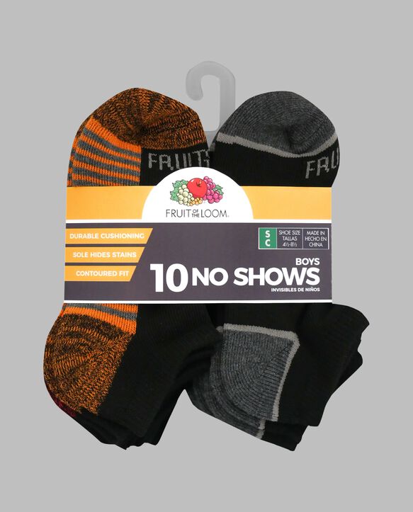 Boys' Cushioned No Show Socks, 10 Pack JET BLACK/VIBRANT ORANGE,JET BLACK/HIGH RISK RED, JET BLACK/LEMONCH,JET BLACK/B50, JET BLACK/DIRECTOR BLUE, JET BLACK/B50, JET BLACK/B50, JET BLACK/B5