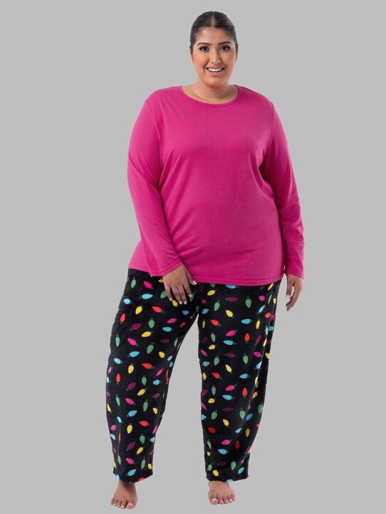 Women's Plus Fit for Me®Fleece Top and Bottom, HOT PINK/CHRIMAS LIGHTS