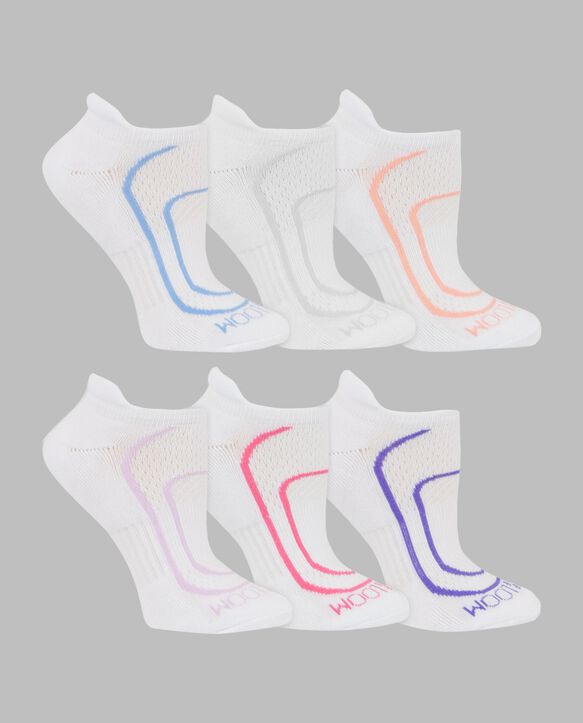 Women's Coolzone® Cushioned Cotton No Show Tab Socks, 6 Pack WHITE/BLUE, WHITE/GREY, WHITE/SALMON, WHITE/LAVENDAR, WHITE/PINK, WHITE/PURPLE