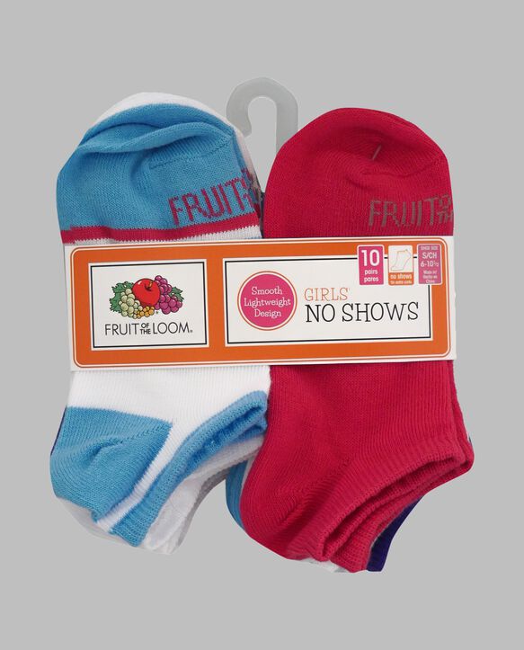 Girls' Lightweight No Show Socks, 10 Pack WHITE/BLUE, WHITE, WHITE/PURPLE, WHITE/PINK, PINK, BLUE, PURPLE