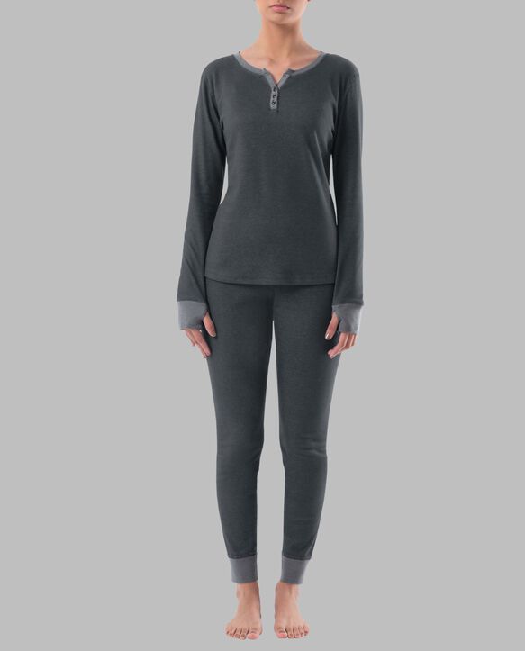 Women's Raschel Henley Top and Pant, 2-Piece Pajama Set DARK GREY