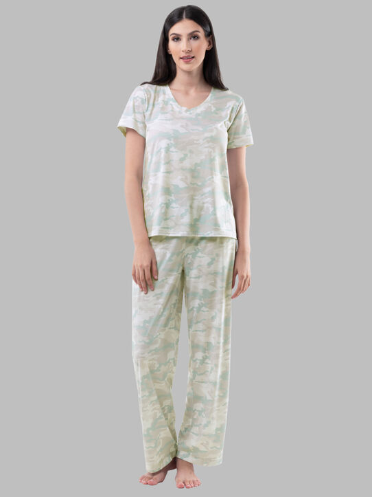Women's Soft & Breathable V-Neck T-shirt and Pants, 2-Piece Pajama Set WARM GREY CAMO