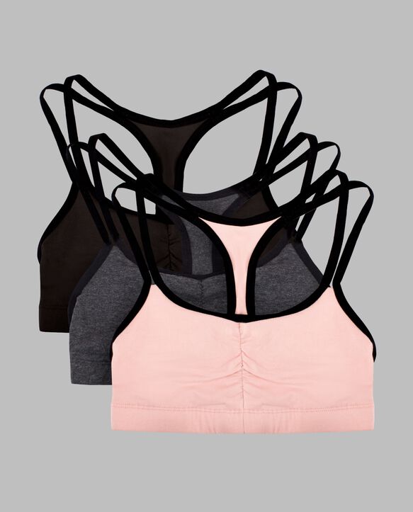 Women's Strappy Sports Bra, 3 Pack BLUSHING ROSE WITH BLACK/ CHARCOAL/ BLACK