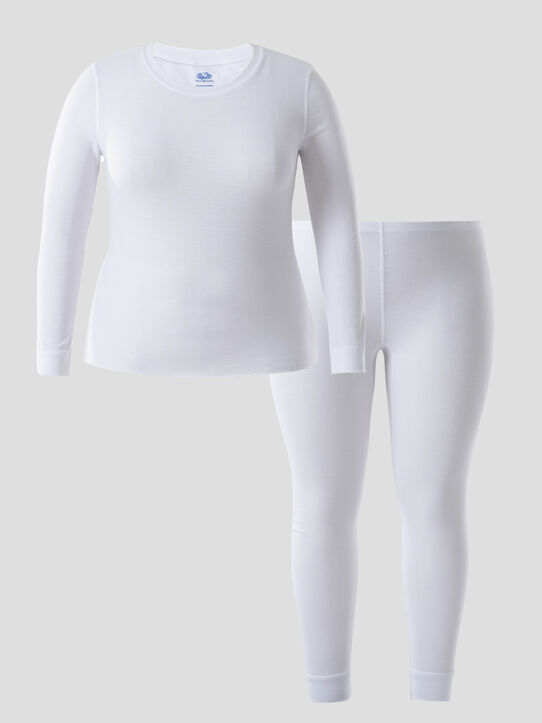 Women's Plus Size Thermal Crew Top & Bottom Set WHITE/WHITE