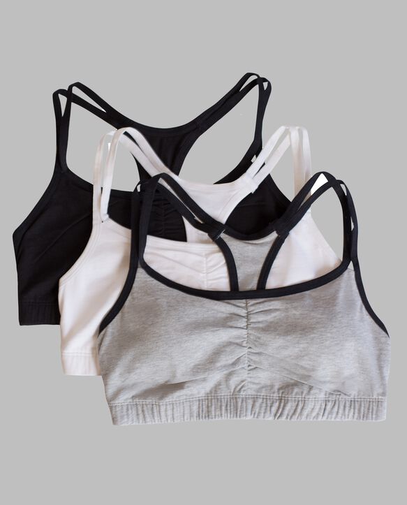 Women's Strappy Sports Bra, 3 Pack GREY WITH BLACK/WHITE/BLACK