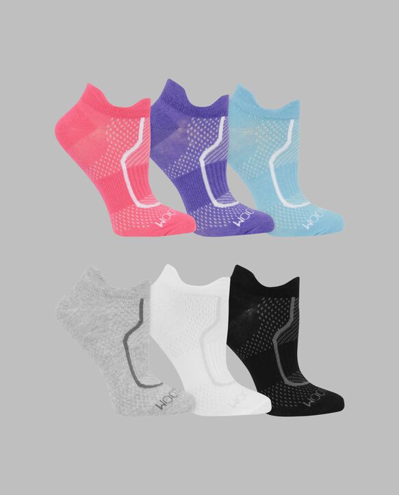 Women's Coolzone® Cotton Lightweight No Show Tab Socks, 6 Pack PINK, PURPLE, BLUE, BLACK, GRAY, WHITE
