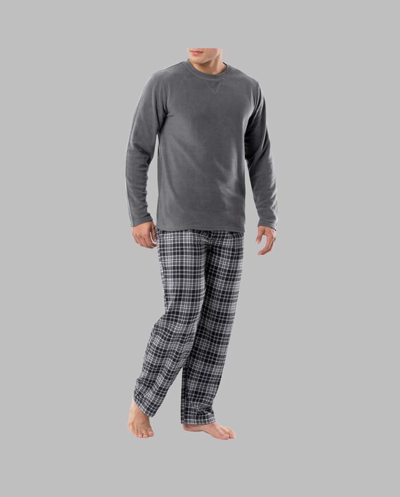 Fruit of the Loom Men's Long Sleeve Fleece Crew and Flannel Sleep Pant, 2 Piece Set GREY
