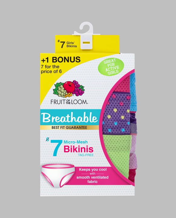 Girl's Breathable Micro-Mesh Bikini Underwear, Assorted 6+1 Bonus Pack