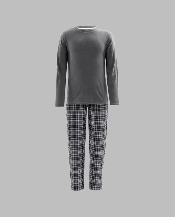 Fruit of the Loom Men's Long Sleeve Fleece Crew and Flannel Sleep Pant, 2 Piece Set GREY