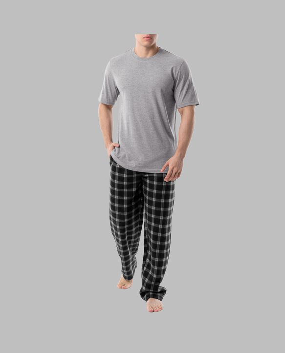Fruit Of The Loom Men's Short Sleeve Jersey Knit Top and Fleece Sleep Pant, 2 Piece Set GREY PLAID SET