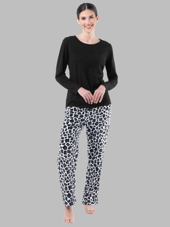 Women's Fleece Top and Bottom, 2 Piece Pajama Set BLACK/CHEETAH PRINT