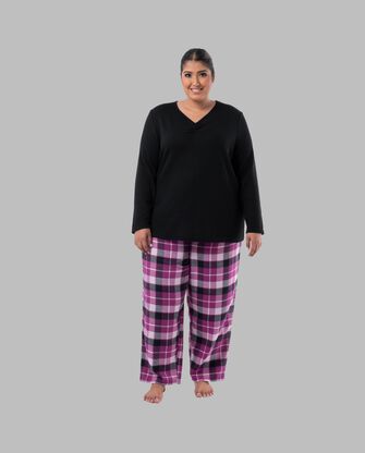 Women's Plus Flannel Top and Bottom Set BLACK/PLAID