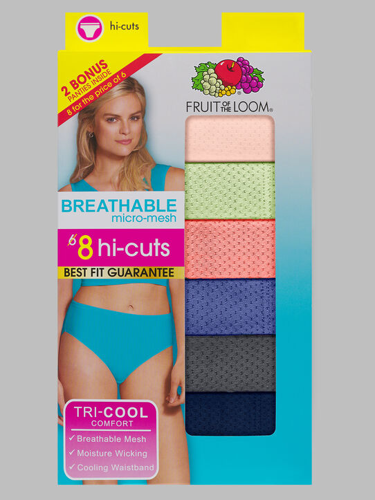 Women's Breathable Micro-Mesh Hi-Cut Panty, Assorted 6+2 Bonus Pack
