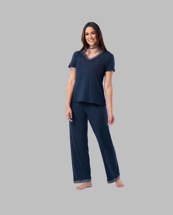 Women's Soft & Breathable V-Neck T-shirt and Pants, 2-Piece Pajama Set MIDNIGHT BLUE