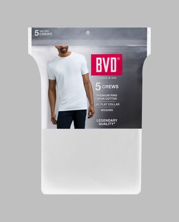BVD® Men's Short Sleeve Cotton Crew T-Shirt, White 5 Pack White