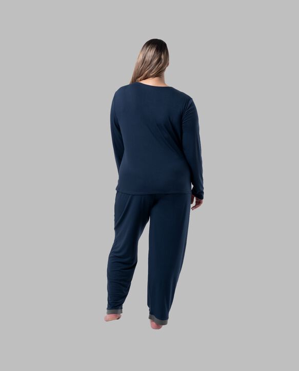 Women's Plus Fit for Me® Soft & Breathable Crew Neck Long Sleeve Shirt and Pants, 2 Piece Pajama Set MIDNIGHT BLUE