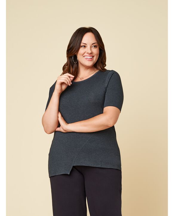 Women’s Seek No Further Plus Size ¾ Sleeve Scooped Neck Ruched Top Dark Charcoal Heather