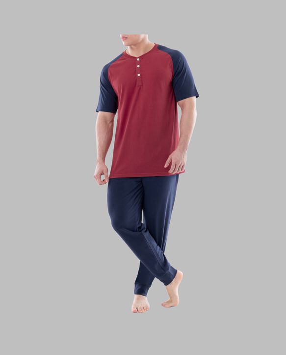 Fruit of the Loom Men's Jersey Short Sleeve Henley Top and Jogger Pant, 2 Piece Set RED/NAVY