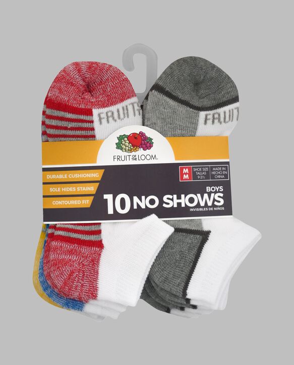 Boys' Cushioned No Show Socks, 10 Pack BRIGHT WHITE/HIGH RISK RED, BRIGHT WHITE/DIRECTOR BLUE, BRIGHT WHITE/LEMONCH, BRIGHT WHITE/MED GREY H, BRIGHT WHITE/VIBRANT ORANGE, BRIGHT WHITE/MED G