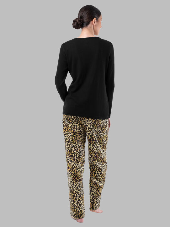 Women's Flannel Top and Bottom, 2 Piece Pajama Set BLACK/NATURAL ANIMAL