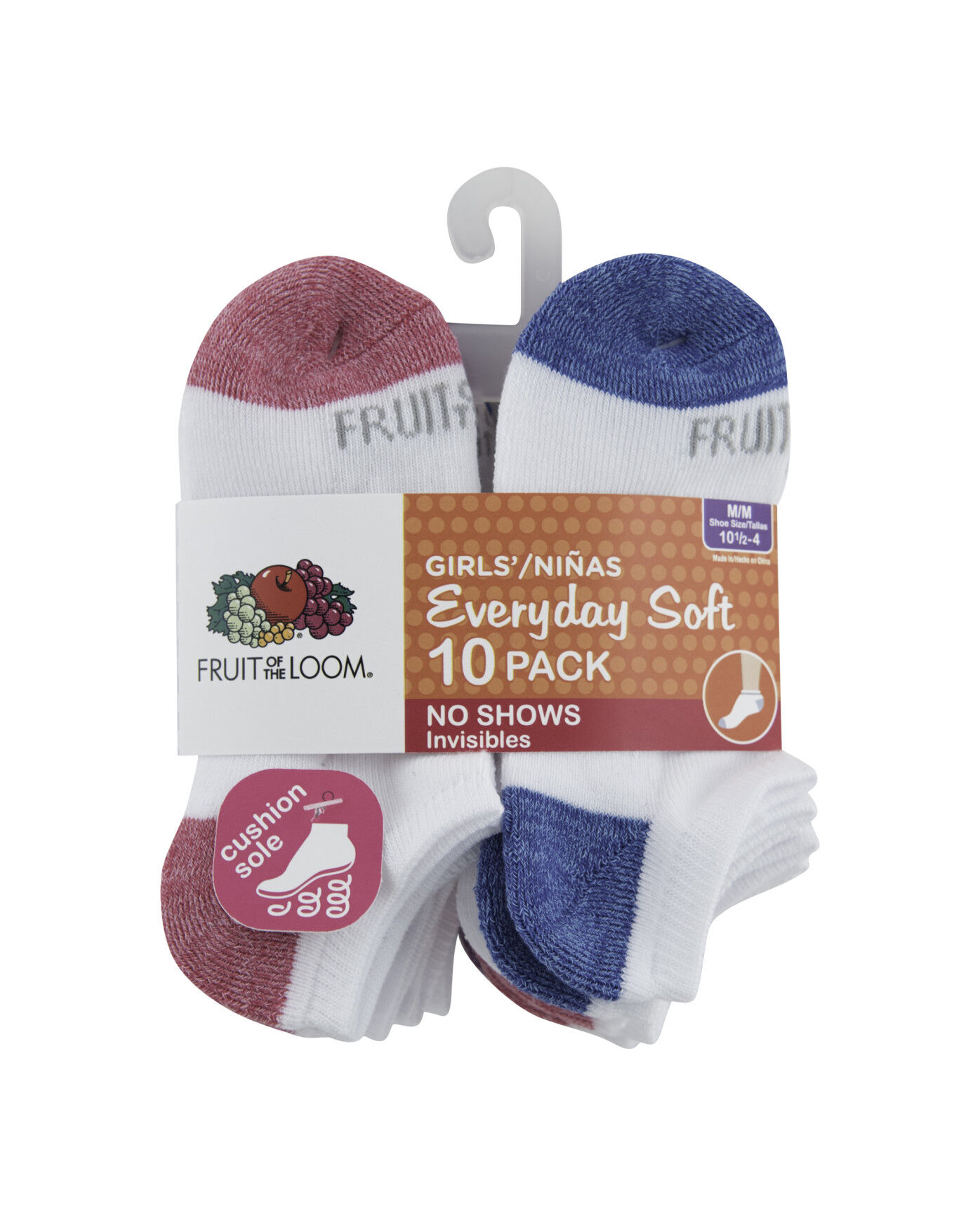 Fruit of the Loom Girl's 10 Pack Everyday Soft No Show Socks Size 6-10.5 Small 