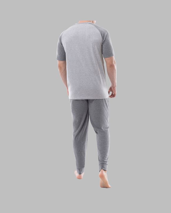 Fruit of the Loom Men's Jersey Short Sleeve Henley Top and Jogger Pant, 2 Piece Set GREY HEATHER
