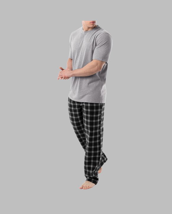 Fruit Of The Loom Men's Short Sleeve Jersey Knit Top and Fleece Sleep Pant, 2 Piece Set GREY PLAID SET