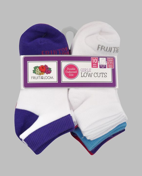 Girls' Lightweight Low Cut Socks, 10 Pack WHITE/PURPLE, WHITE/PINK, WHITE/BLUE, WHITE, BLUE, PURPLE, PINK
