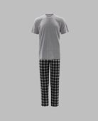 Fruit Of The Loom Men's Short Sleeve Jersey Knit Top and Fleece Sleep Pant, 2 Piece Set GREY PLAID SET