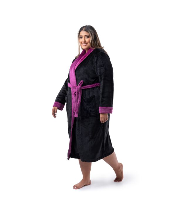 Women's Plus Sized Fleece Robe BLACK/ROYAL BERRY