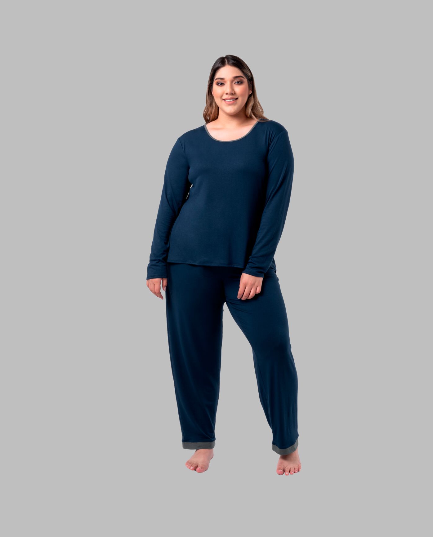 Women's Plus Fit for Me® Soft & Breathable Crew Neck Long Sleeve Shirt and Pants, 2 Piece Pajama Set MIDNIGHT BLUE