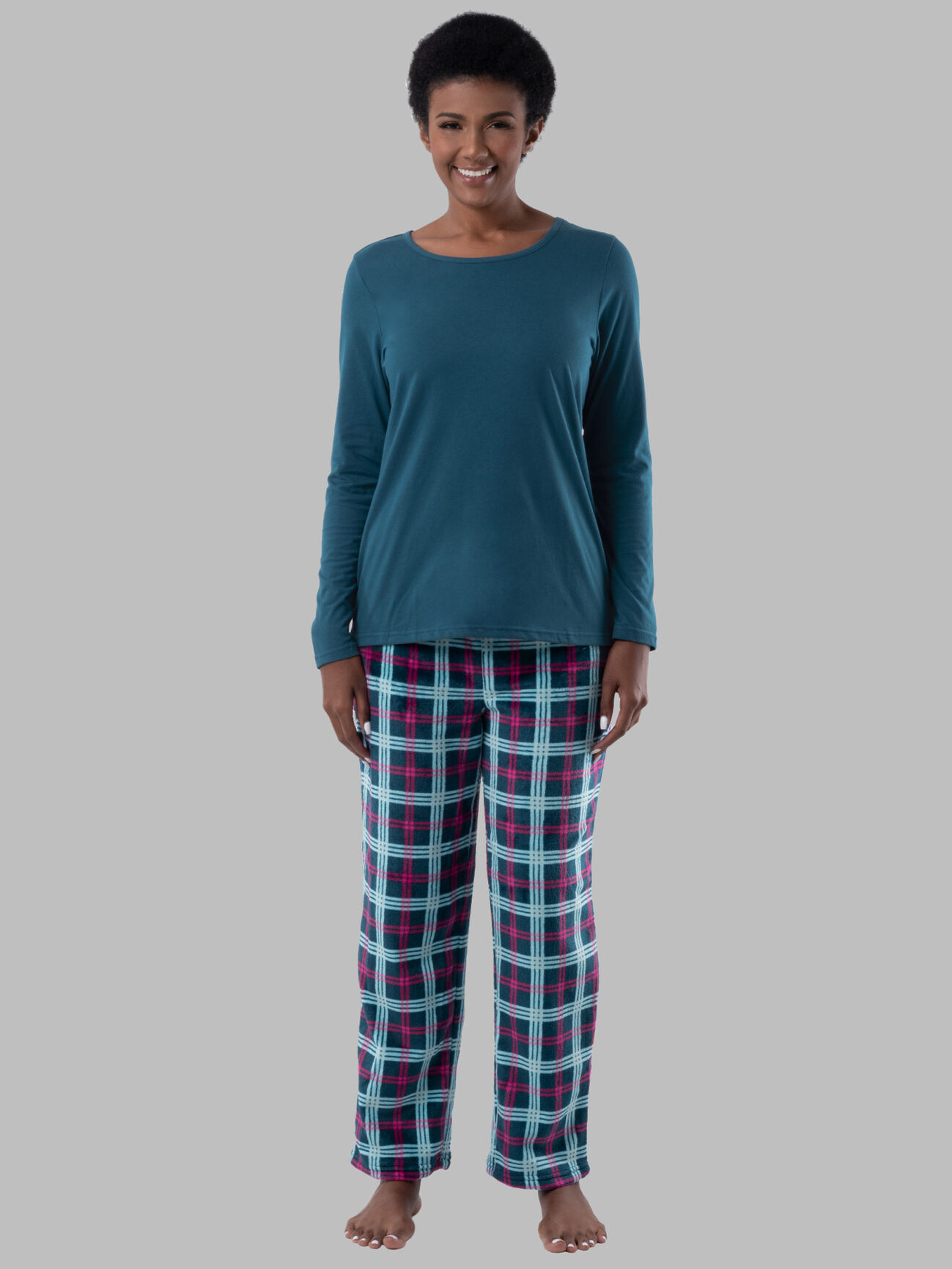 Women's Fleece  Top and Bottom,  2 Piece Pajama Set MIDNIGHT BLUE/TARTAN PLAID