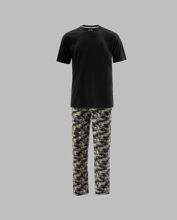 Fruit Of The Loom Men's Short Sleeve Jersey Knit Top and Fleece Sleep Pant, 2 Piece Set BLACK CAMO SET