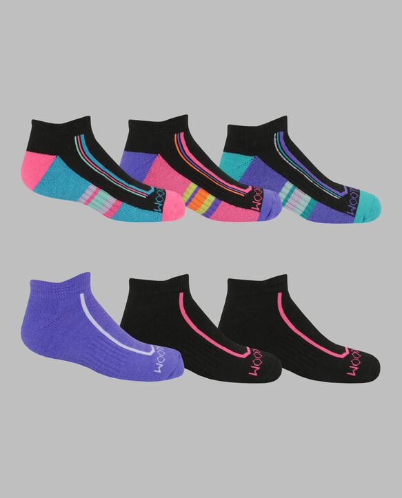 Girls' Active Cushioned Low Cut Socks, 6 Pack BLACK/PURPLE, BLACK/PINK, BLACK/BLUE, BLACK, PURPLE