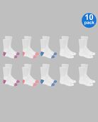 Girls' Cushioned Crew Socks, 10 Pack WHITE/PURPLE, WHITE, WHITE/BLUE, WHITE/PINK