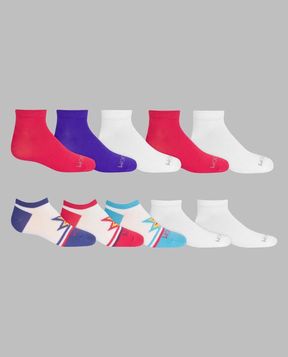 Girls' Lightweight No Show Socks, 10 Pack WHITE/BLUE, WHITE, WHITE/PURPLE, WHITE/PINK, PINK, BLUE, PURPLE