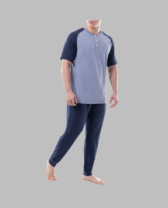 Fruit of the Loom Men's Jersey Short Sleeve Henley Top and Jogger Pant, 2 Piece Set INDIGO HEATHER/NAVY