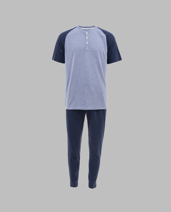 Fruit of the Loom Men's Jersey Short Sleeve Henley Top and Jogger Pant, 2 Piece Set INDIGO HEATHER/NAVY