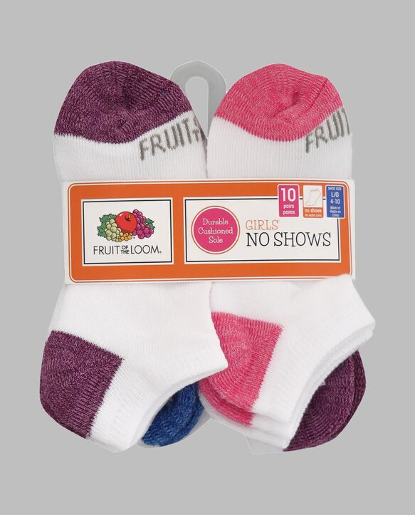 Girls' Cushioned No Show Socks, 10 Pack WHITE/PURPLE, WHITE, WHITE/BLUE, WHITE/PINK