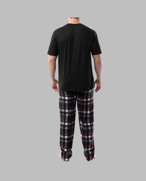 Fruit Of The Loom Men's Short Sleeve Jersey Knit Top and Fleece Sleep Pant, 2 Piece Set BLACK AND RED PLAID SET