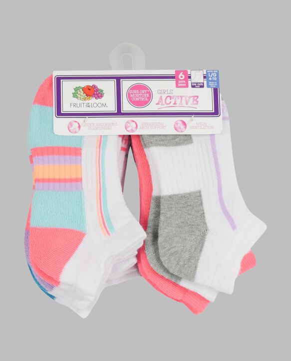Girls' Active Cushioned Low Cut Socks, 6 Pack WHITE/PINK, WHITE/PURPLE, WHITE/BLUE, WHITE/GREY, PINK